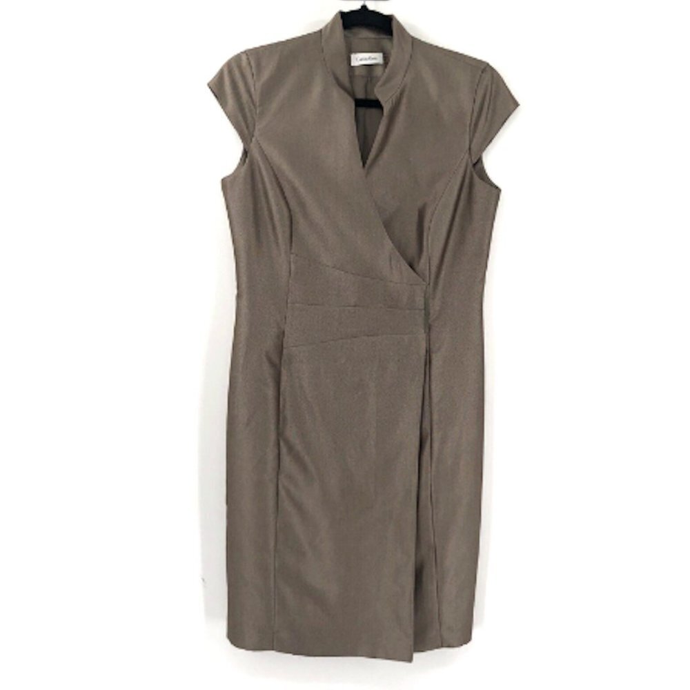 CALVIN KLEIN Faux Wrap Sheath Dress Taupe Collar Cap Sleeve Career 6 Brown Tan